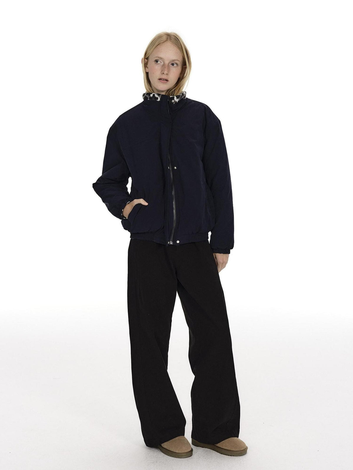 Country Moment Reversible Cotton Lined Oversized Stand Collar Youth Navy Puffer Jackets