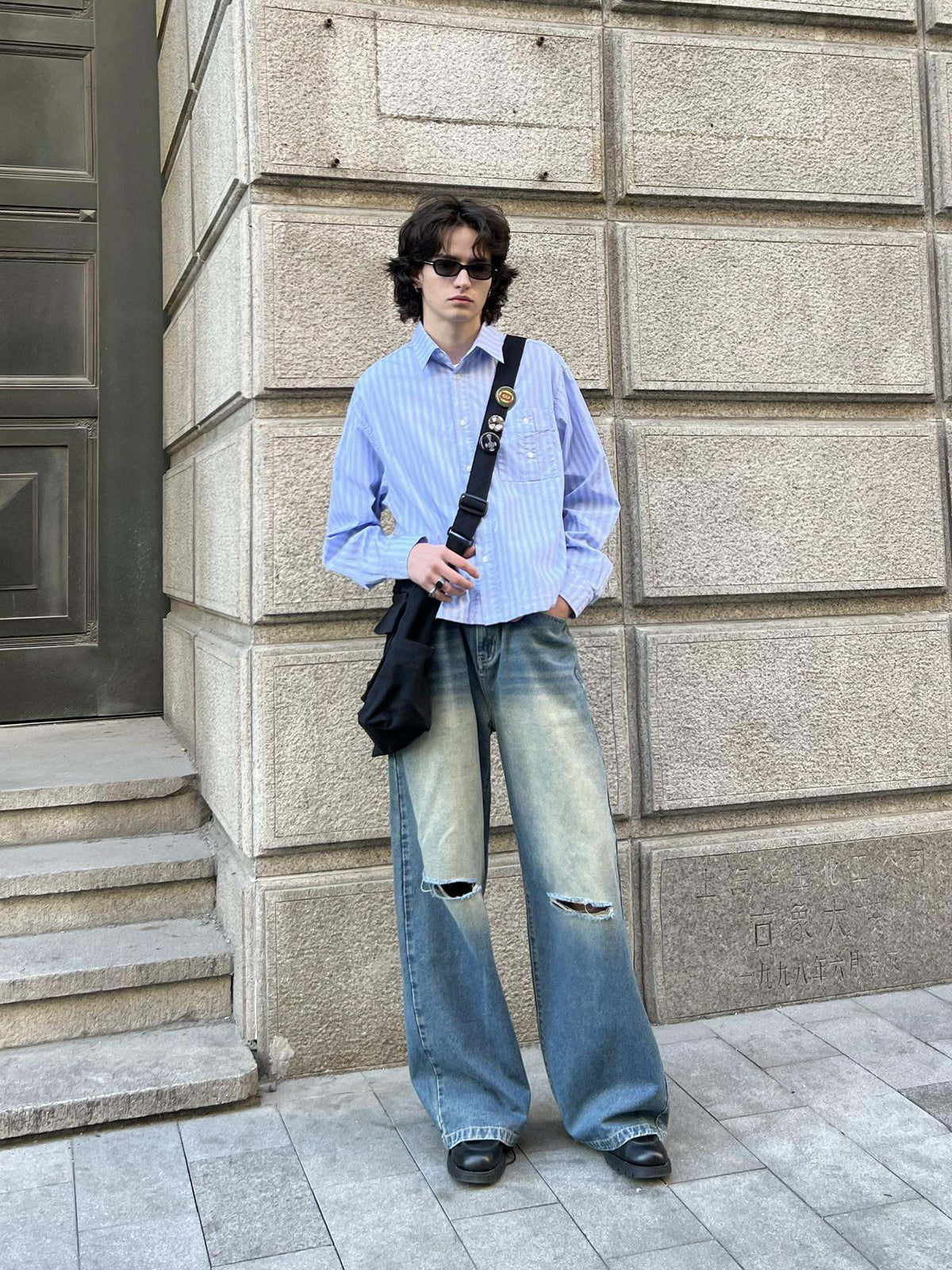 Country Moment Vintage Blue Stone Wash Ripped Mid Rise Loose Cotton Straight Leg Jeans