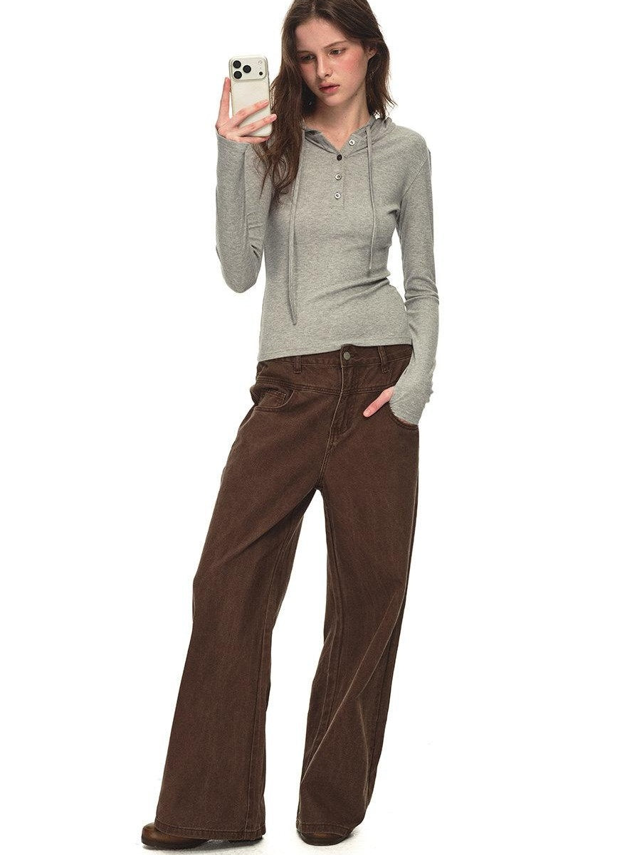 Country Moment Breathable Viscose Blend Hooded Henley Slim Casual Women Long Sleeve T-Shirts