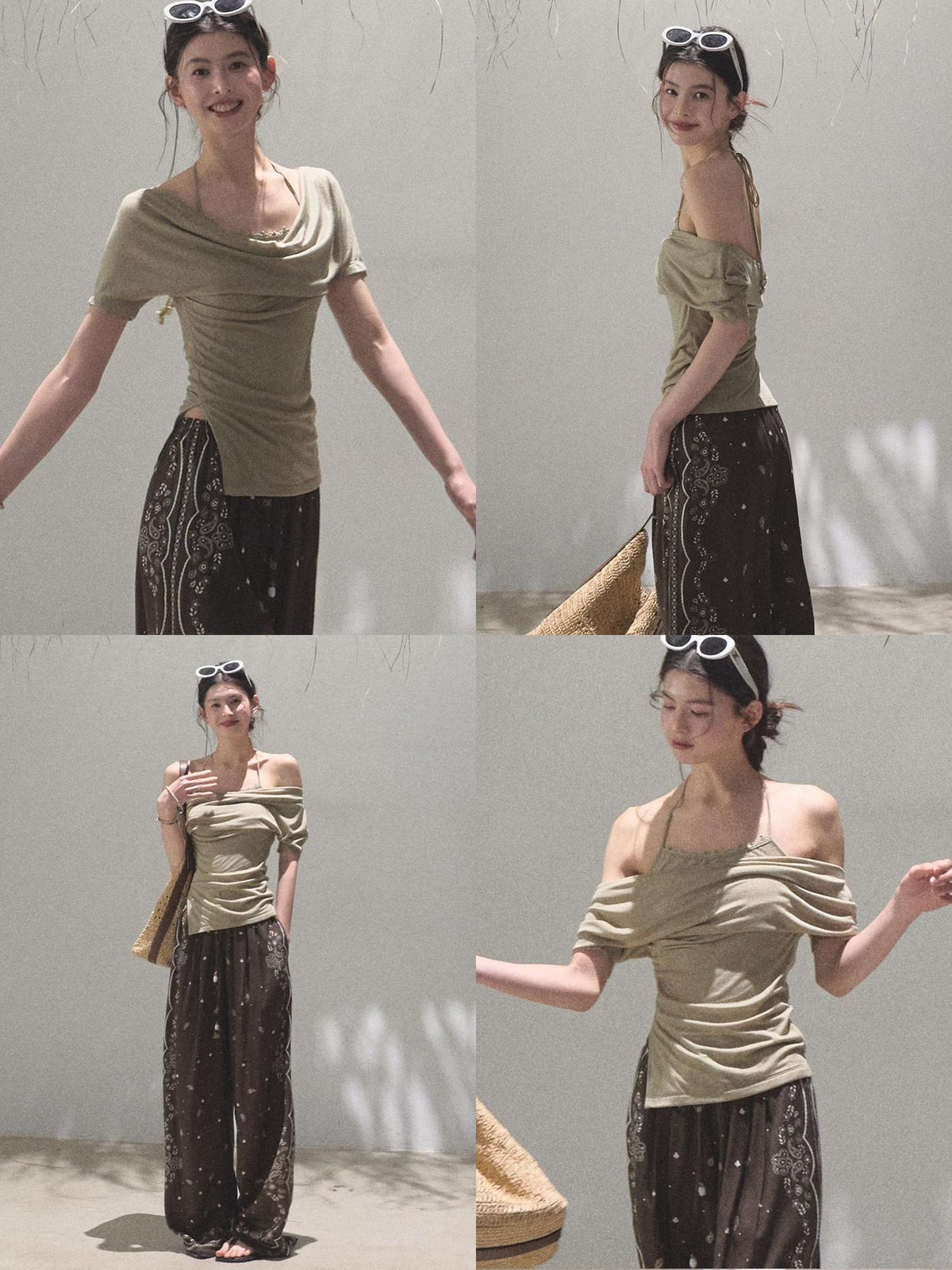 7 OAKMOO Lyocell Wool Blend Slim Casual Bardot Short Sleeve Mocha Off Shoulder Crop Tops