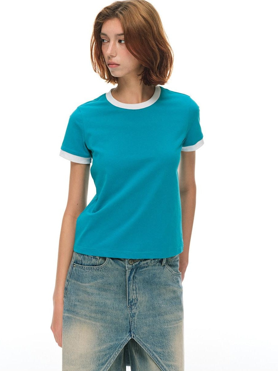 Country Moment Soft Breathable Colorblock Women Crew Neck Blue Short Sleeve T-Shirts
