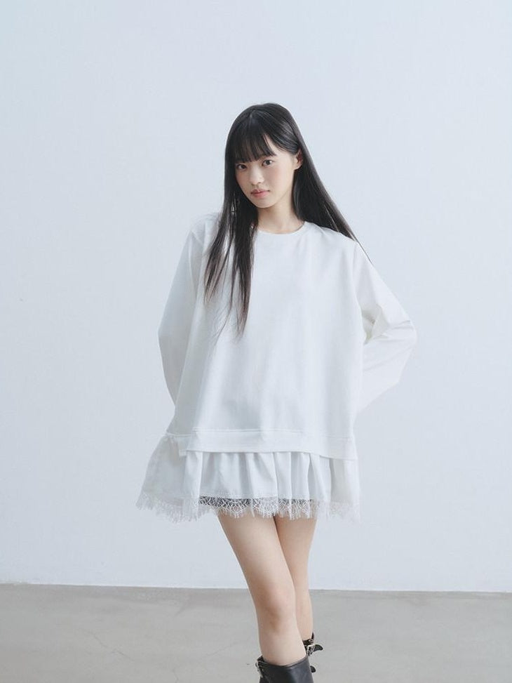 DDGIRL studio Soft Patchwork Loose Sweatshirt Girly Oversized Long Sleeve White Mini Dresses