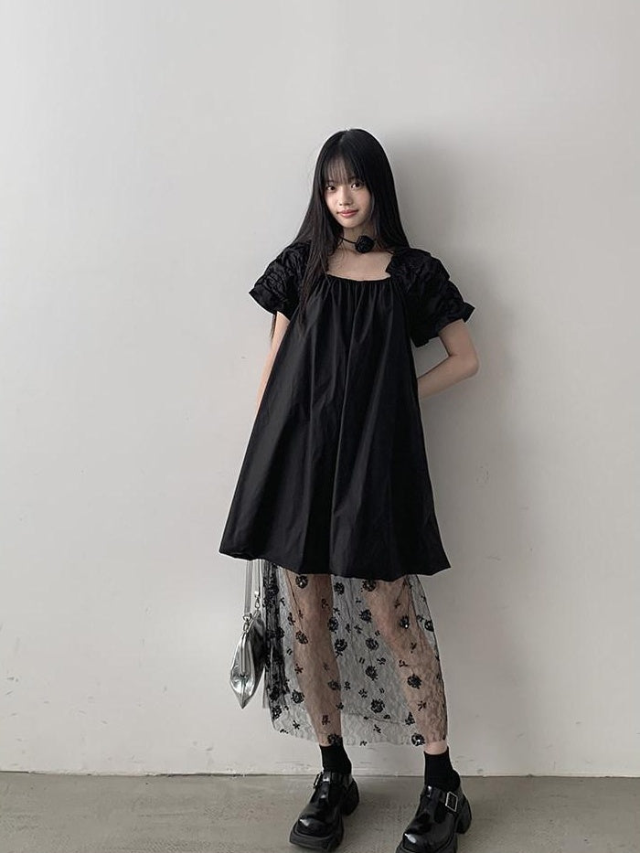DDGIRL studio 100% Cotton Pullover Bardot Neck A Line Lantern Skirt Workwear Midi Dresses