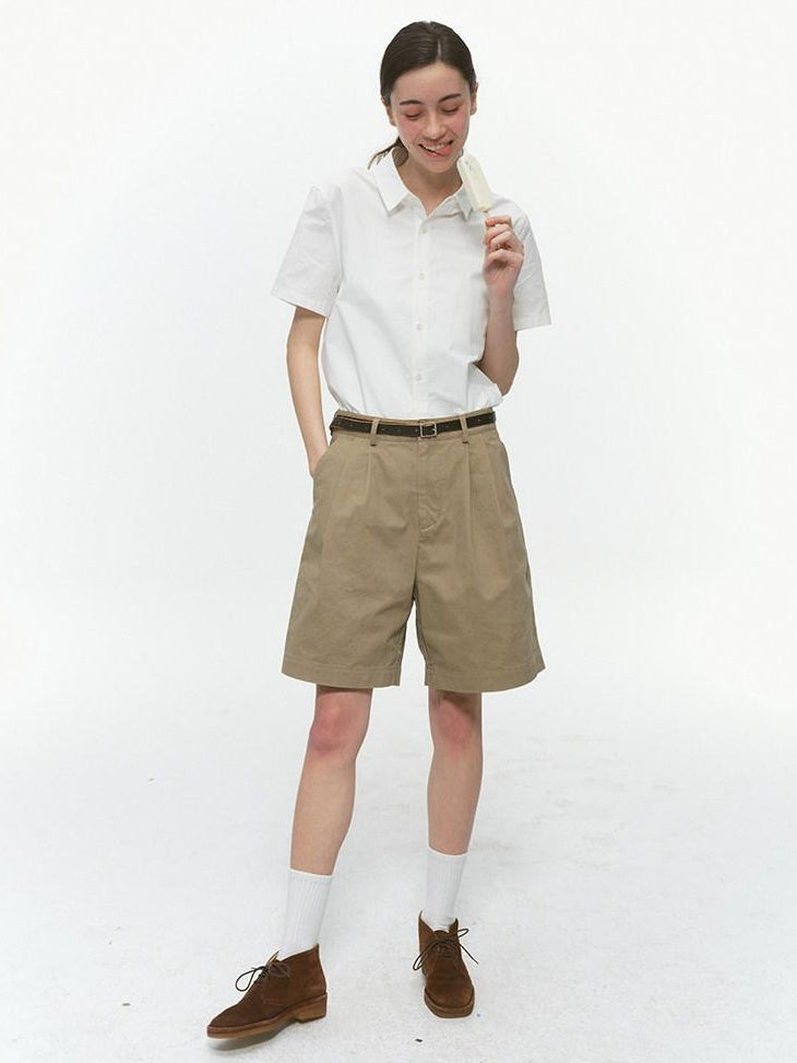 Country Moment Pure Cotton Washed Straight Leg Relaxed Retro Office Pockets Mid-Length Shorts