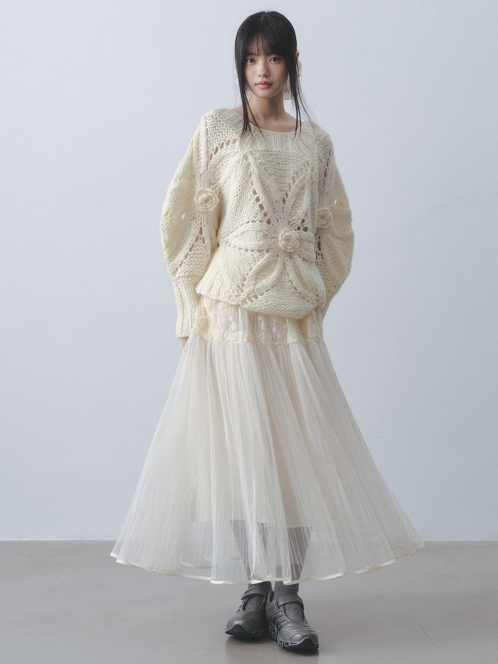 DDGIRL studio Shape Retaining High Waist A Line 3D Embellished Lined Off White Maxi Skirts