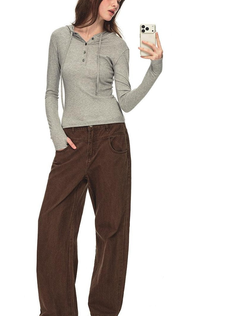 Country Moment Breathable Viscose Blend Hooded Henley Slim Casual Women Long Sleeve T-Shirts