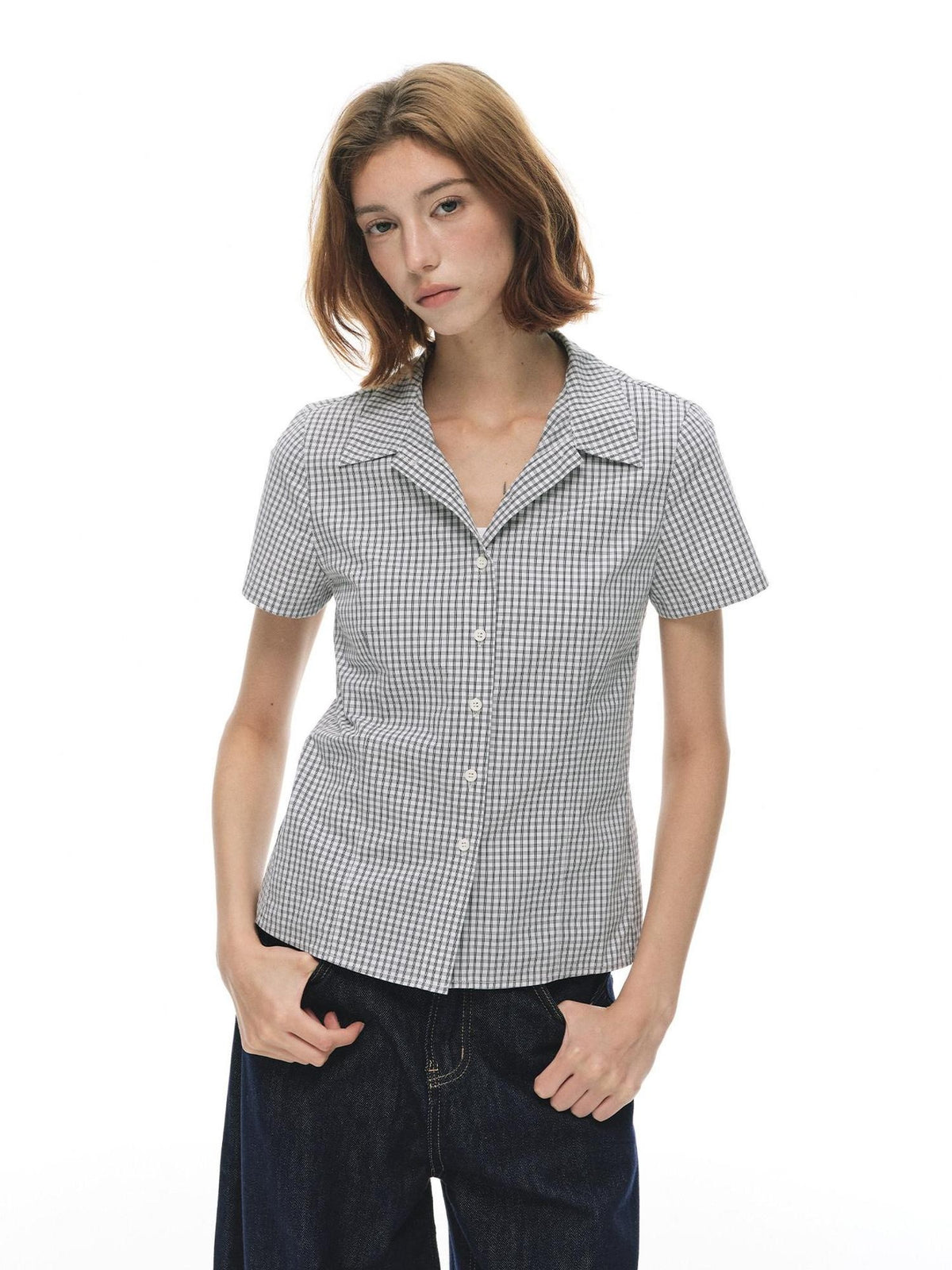 Country Moment Cotton Fitted Button Cuban Collar Black White Plaid Short Sleeve Women Shirts
