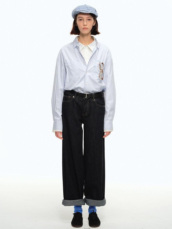 Country Moment Shape Retaining Mid Rise Loose Straight Teen Black Cotton Wide Leg Jeans