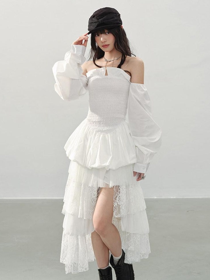 DDGIRL studio Soft Cotton Princess Off Shoulder Fitted Waist Long Sleeve White Blouses
