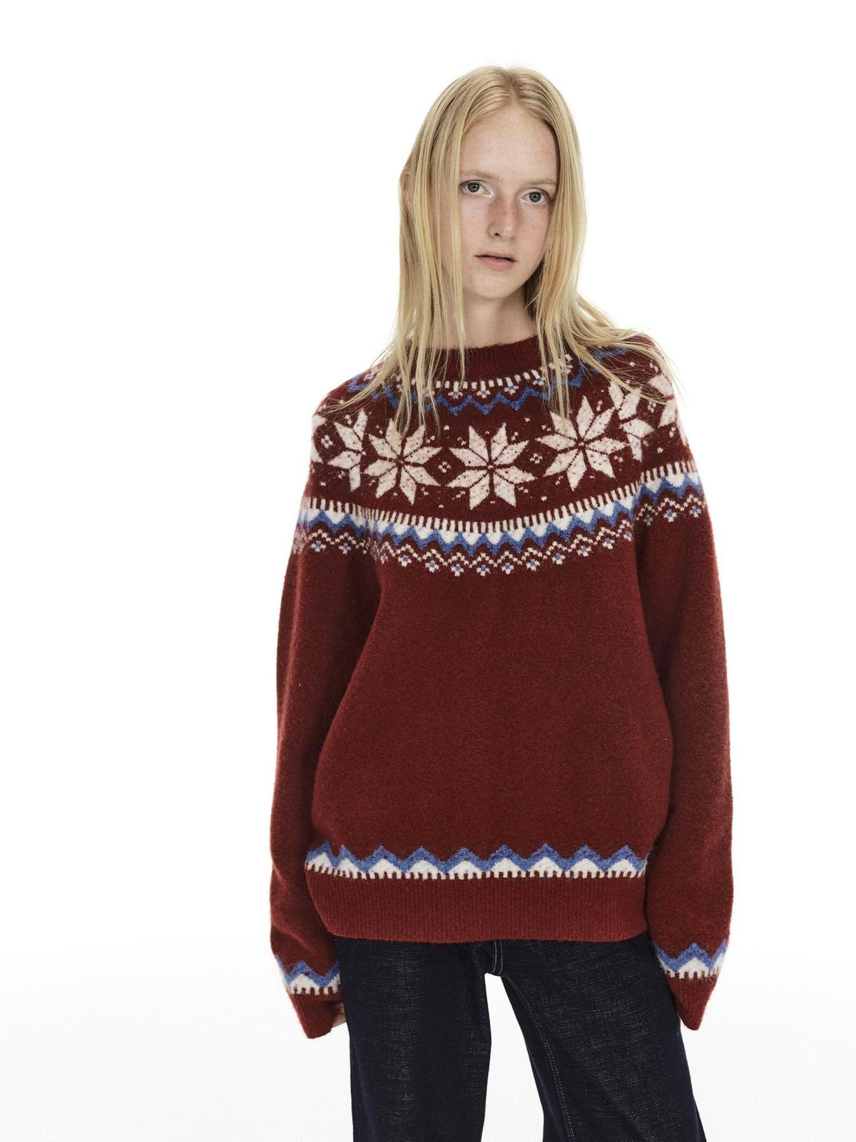 Country Moment Cozy Warm Oversized Snowflake Crewneck Unisex Red Wool Blend Pullover Sweaters