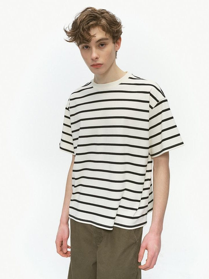 Country Moment Breathable Cotton Loose Fit Unisex Black White Striped Short Sleeve T-Shirts