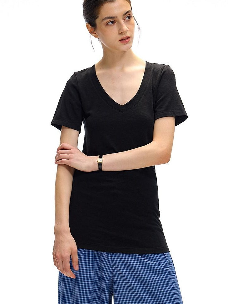 Country Moment Moisture Wicking V-neck Slim Minimalist Women Plain Short Sleeve T-Shirts