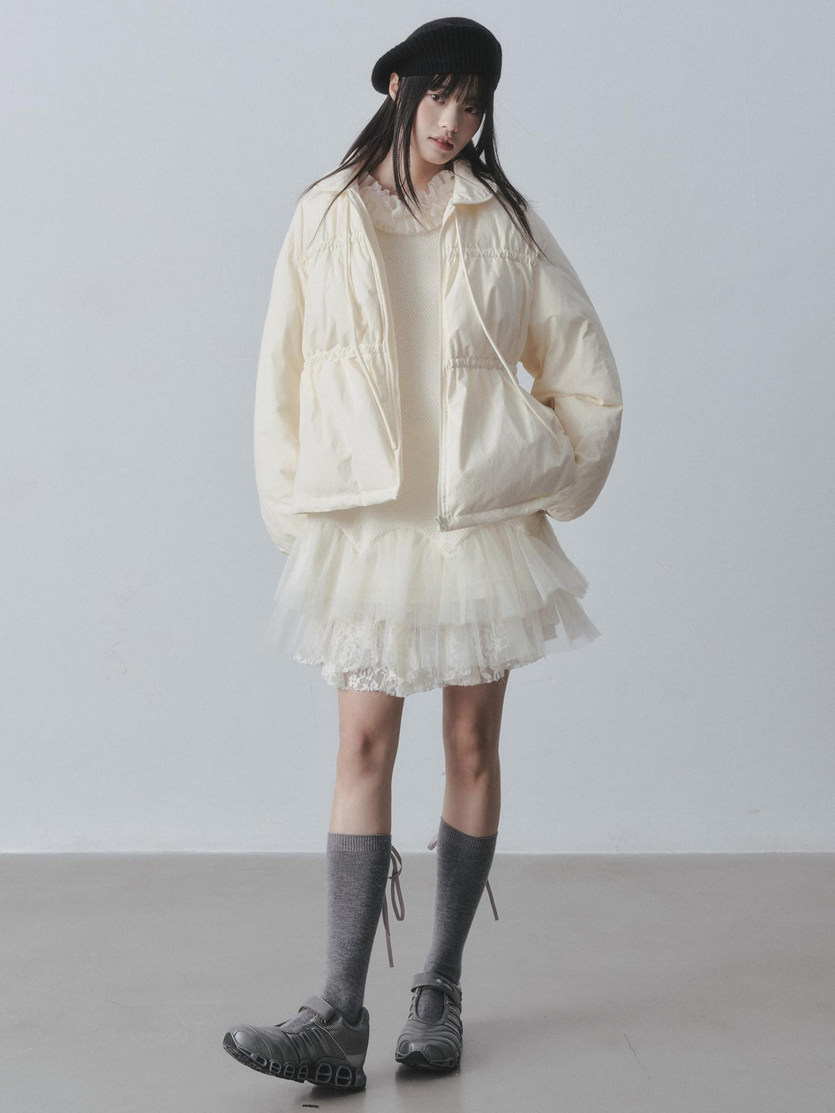 DDGIRL studio Sweet Soft Knit Tulle Panel A Line Long Sleeve Back Button Mini Dresses