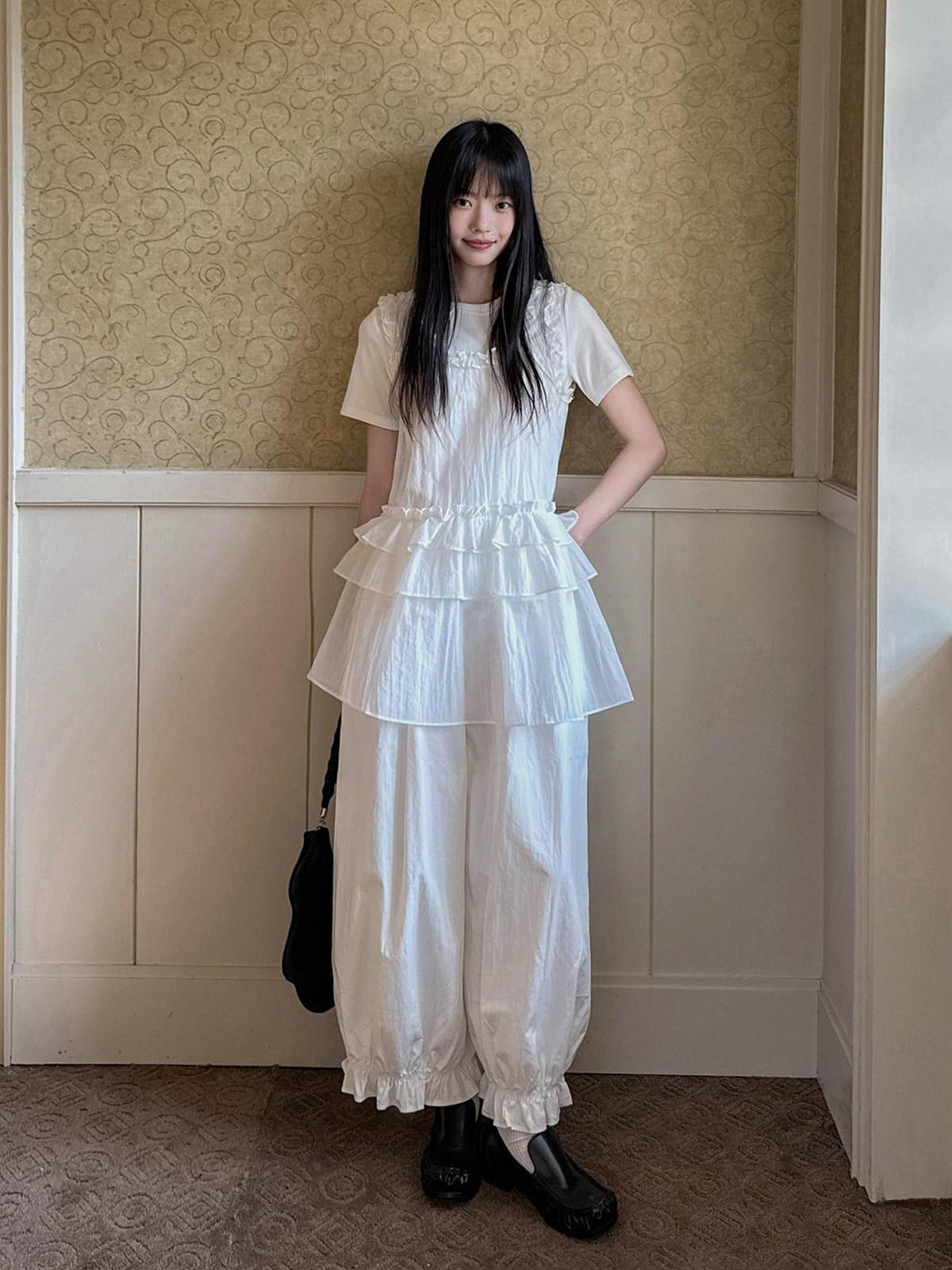 DDGIRL studio Original High Waist Drawstring Washed Cotton Nylon Lantern White Wide Leg Pants