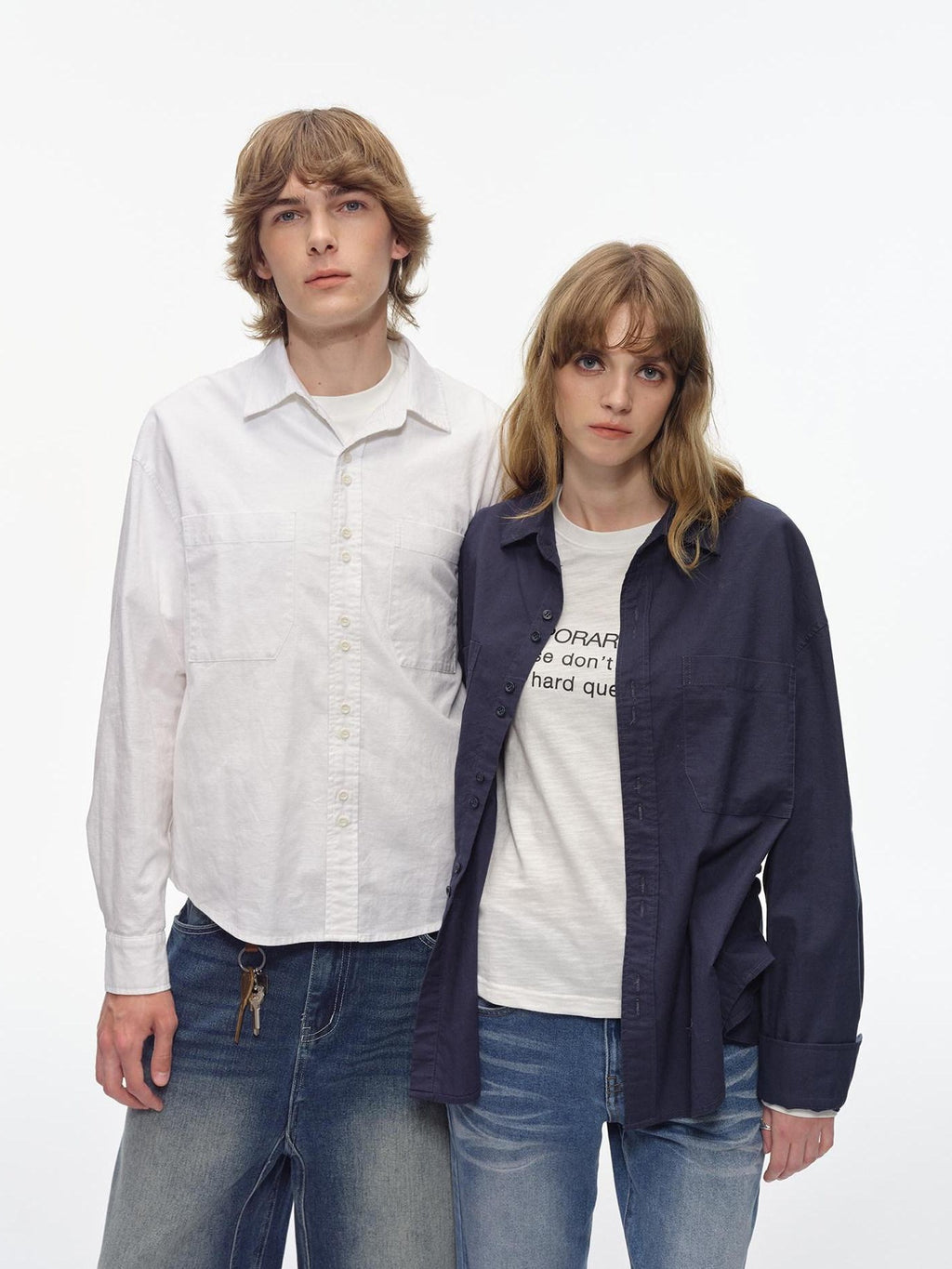 Country Moment Breathable Cotton Linen Loose Button Collar Unisex Long Sleeve Solid Shirts