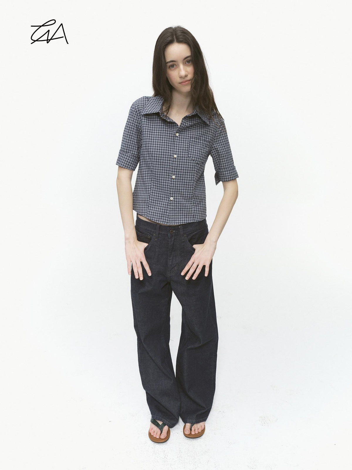 Country Moment Breathable Cotton Cropped Straight Revere Women Navy Plaid Shirts