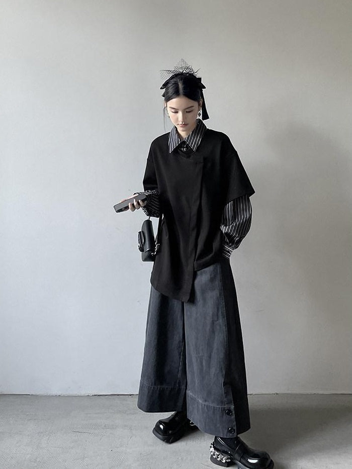 DDGIRL studio Breathable Cotton Blend Relaxed Commuter Collared Striped Women Black Shirts