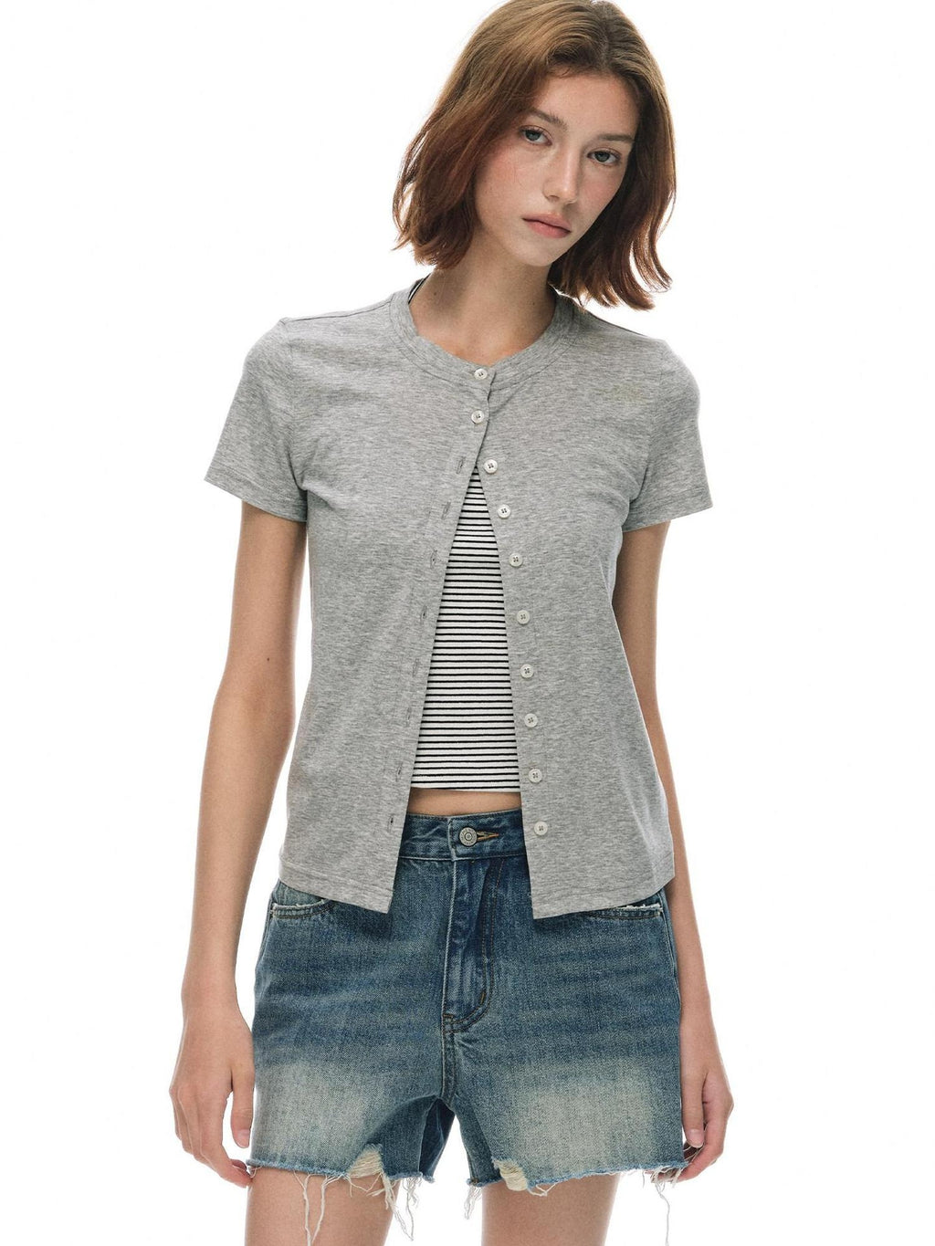 Country Moment Cooling Lyocell Knit Round Neck Women Gray Pullover Short Sleeve T-Shirts