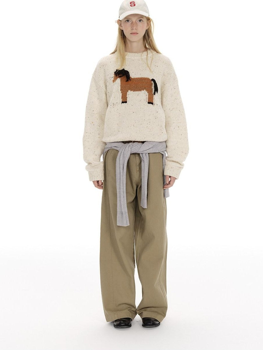 Country Moment Cozy Soft Loose Vintage Pullover Women Wool Blend Horse Pattern Sweaters