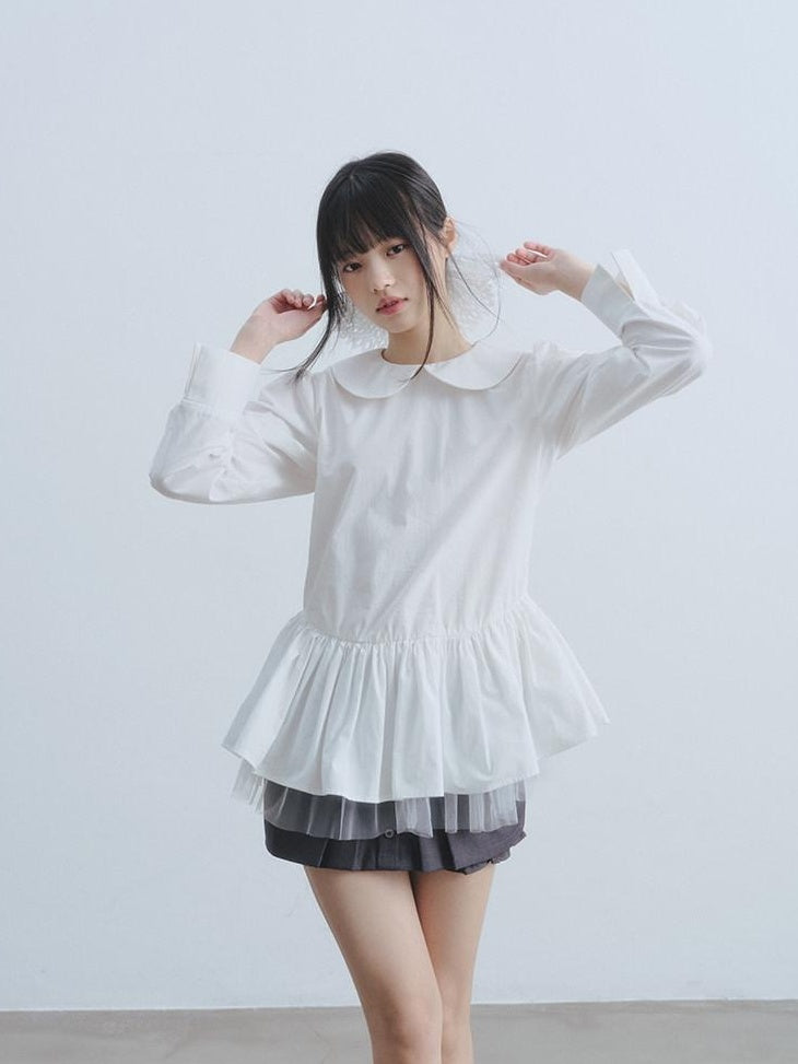DDGIRL studio Soft Cotton Babydoll High Waist Long Sleeve Women Doll Collar Shirts