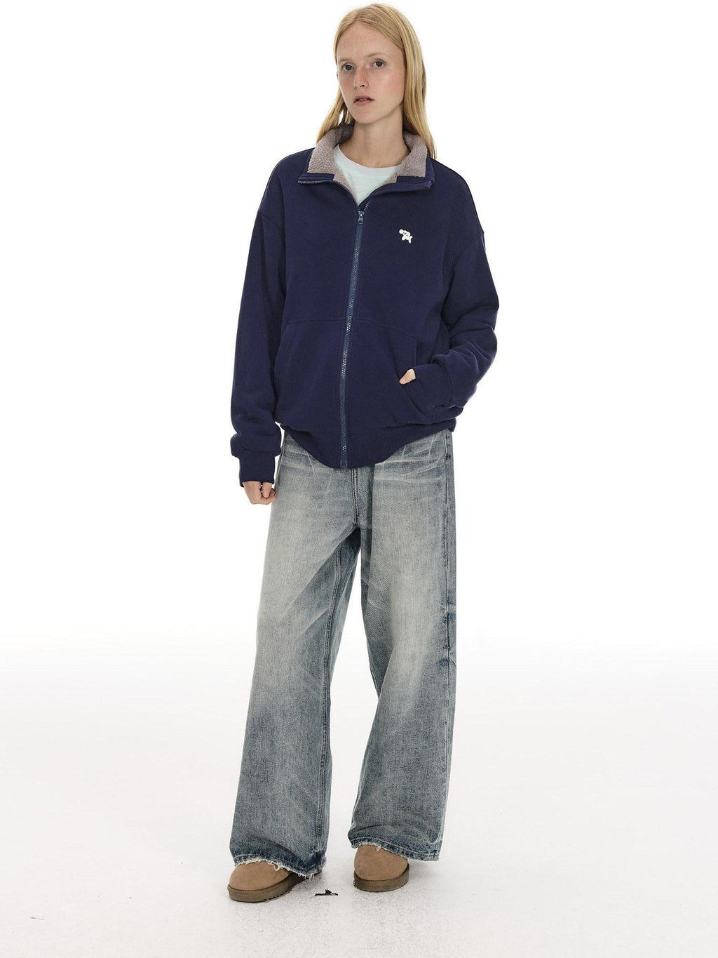 Country Moment Cozy Fleece Thick Loose Embroidered Stand Collar Unisex Cotton Zip Sweatshirt