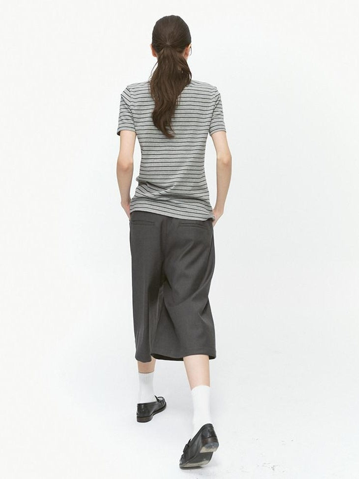 Country Moment Cotton Blend Patchwork Slim Polo Collar Striped Grey Short Sleeve T-Shirts