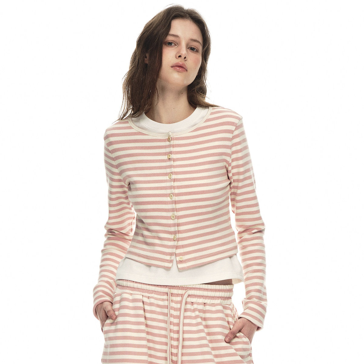 Country_Moment_Breathable_Cotton_Slim_Fit_Piped_Pink_Striped_Casual_Top_&_Pants_Sets_MISSTT