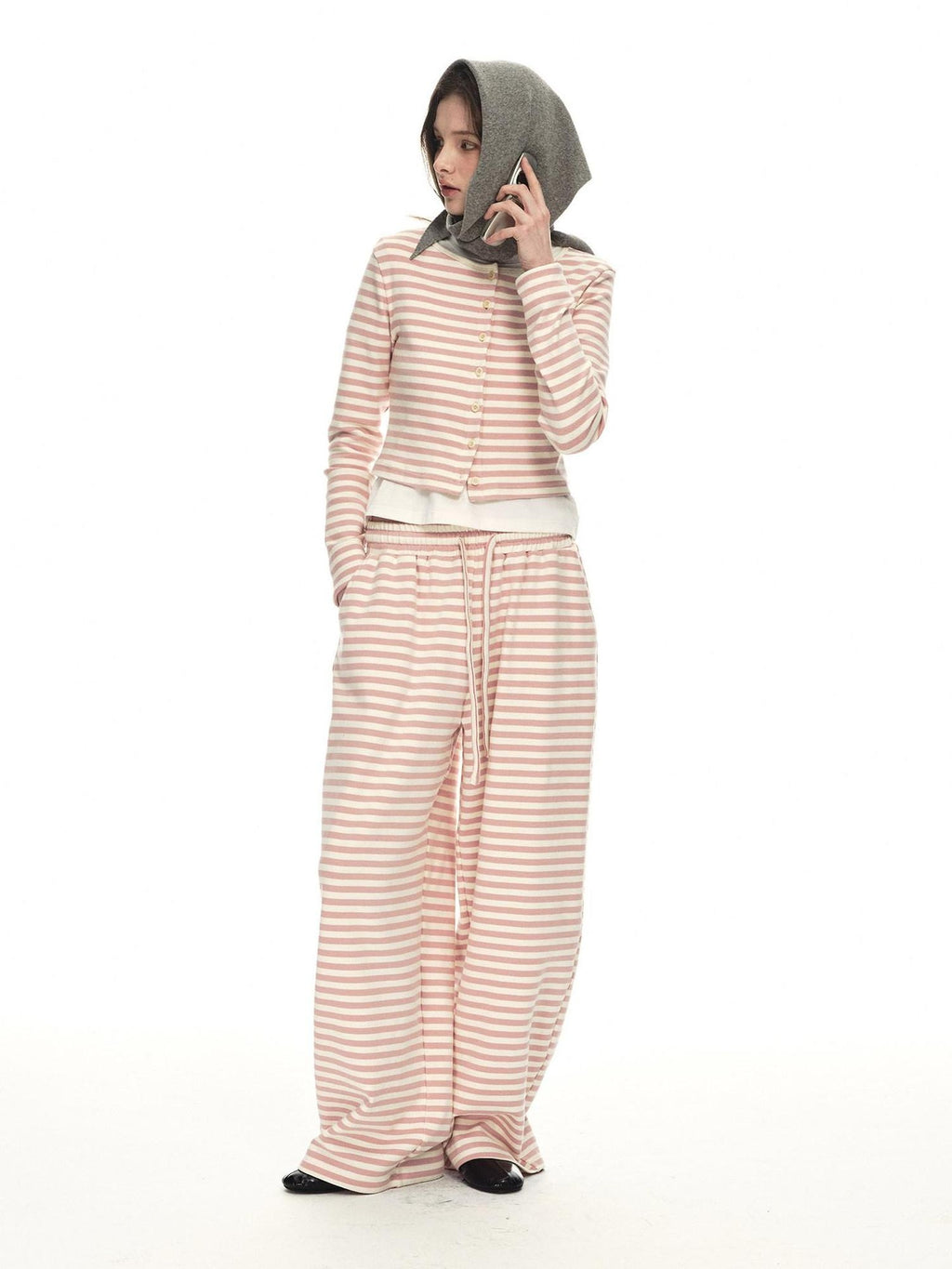 Country Moment Breathable Cotton Slim Fit Piped Pink Striped Casual Top & Pants Sets