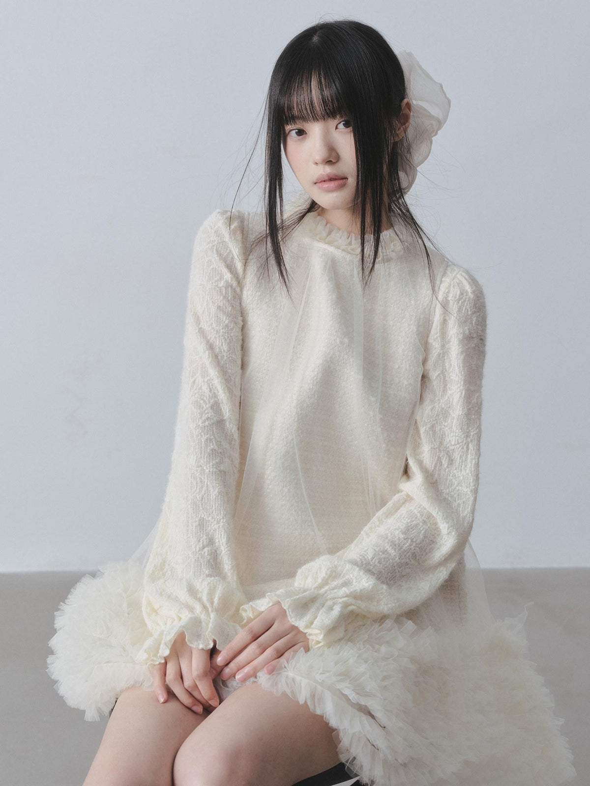 DDGIRL studio Ultra Soft Knit Petal Sleeve Pullover Office Casual Off White Mini Dresses