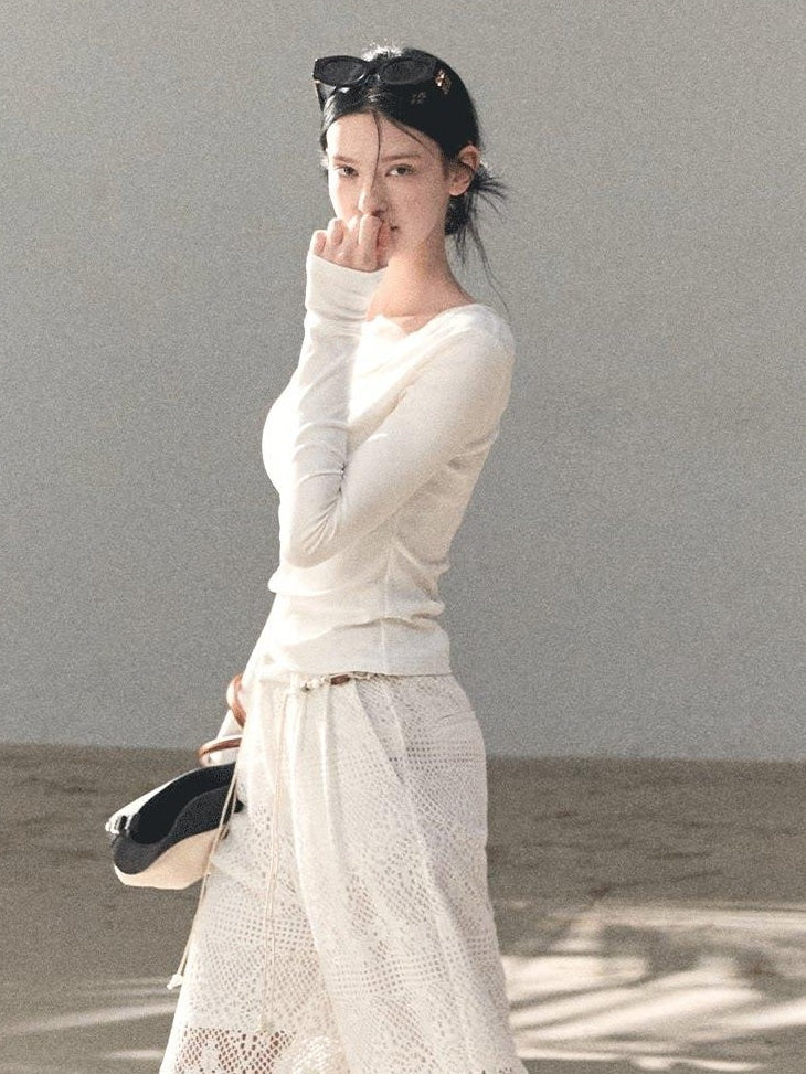 7 OAKMOO Mid Rise Cotton Blend Casual Straight Fit Women Mist White Wide Leg Pants
