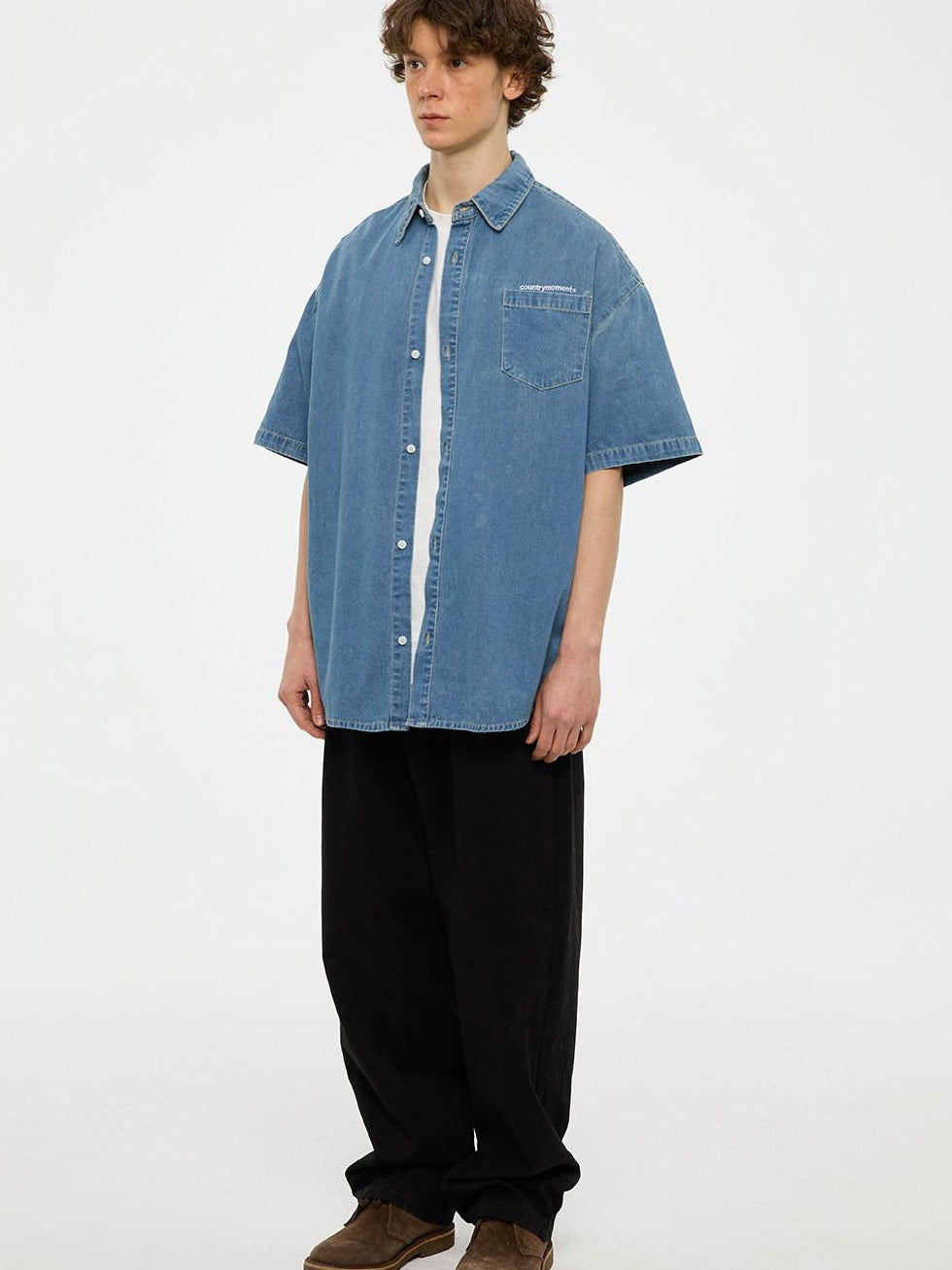 Country Moment 100% Cotton Square Neck Loose Short Sleeve Japanese Vintage Teen Blue Shirts