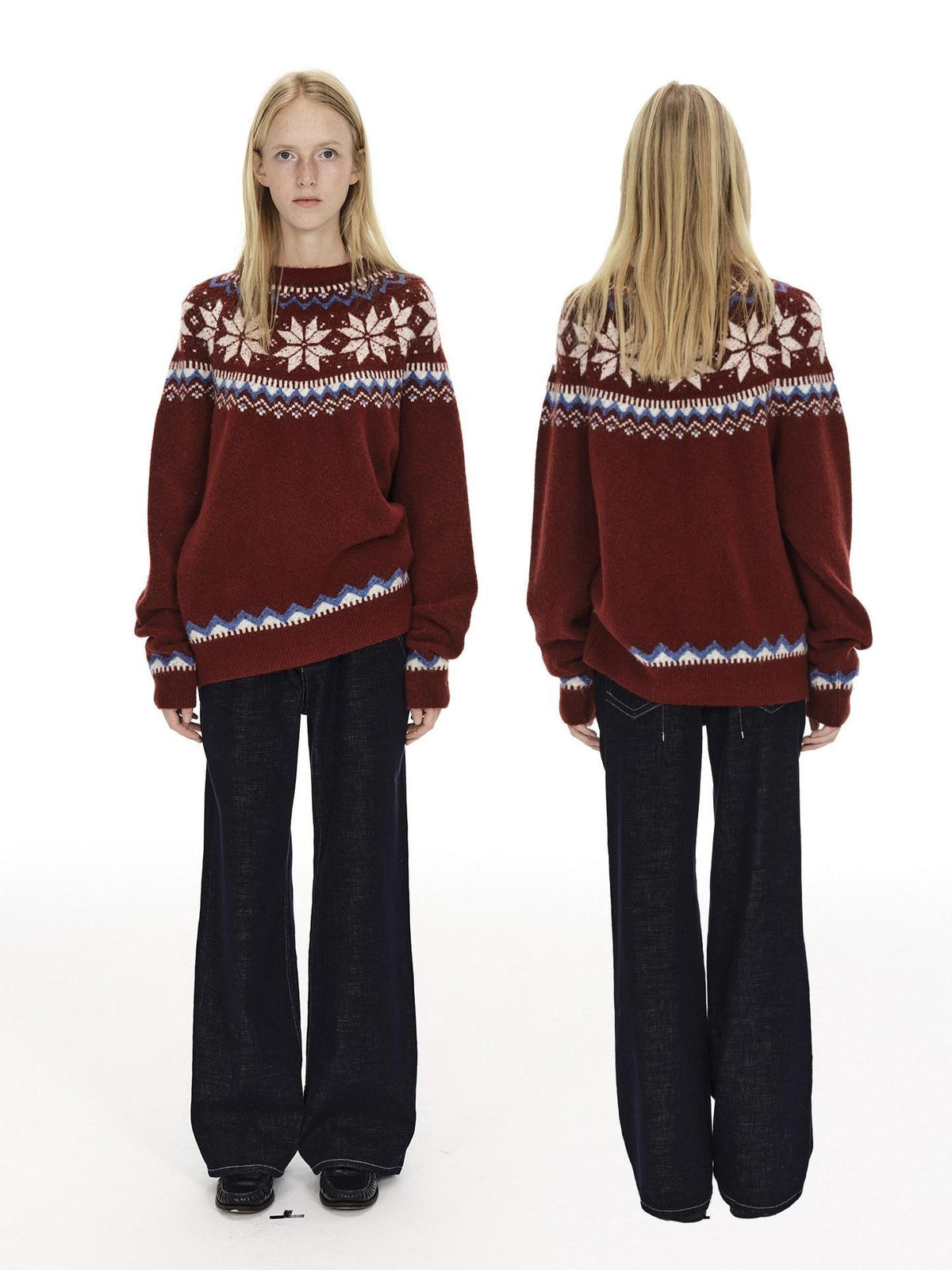 Country Moment Cozy Warm Oversized Snowflake Crewneck Unisex Red Wool Blend Pullover Sweaters