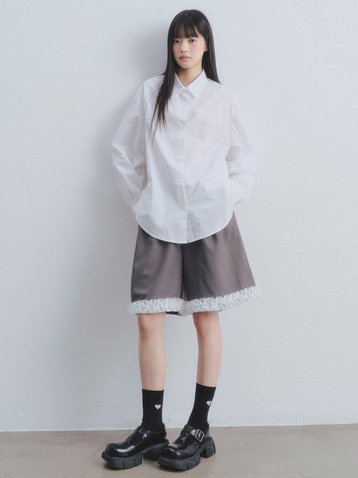DDGIRL studio High Waist Wide Leg Workwear For Women Grey Polyester Stretch Mid-Length Shorts