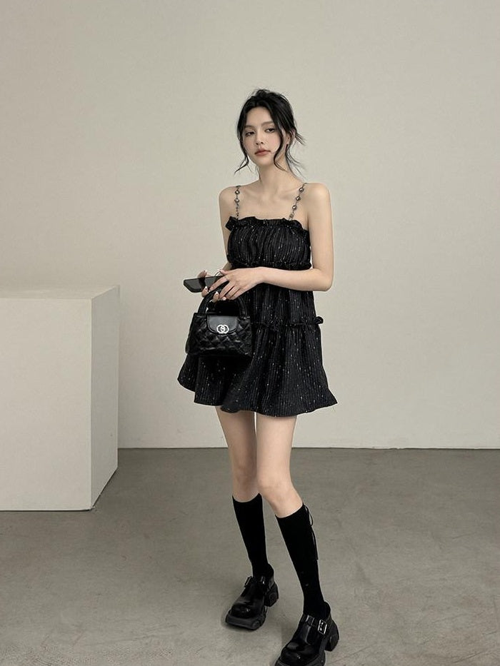 DDGIRL studio Shape Retain Strappy A Line Loose Waist Black Poly Wool Blend Mini Dresses