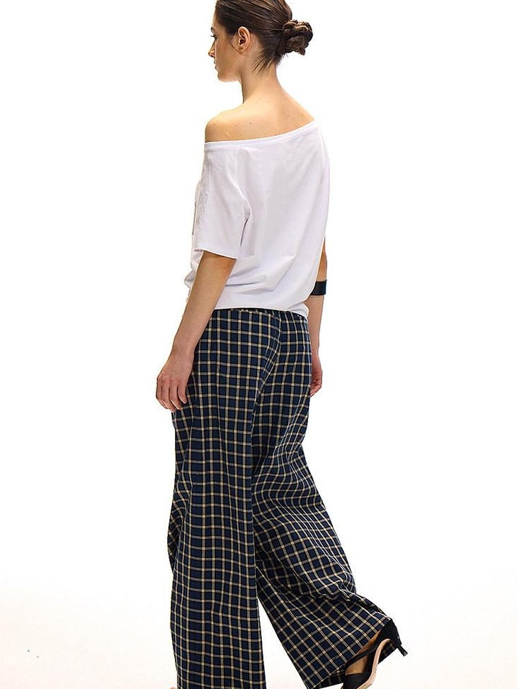Country Moment Versatile Minimal Indigo Check Cotton Natural Waist Straight Wide Leg Pants