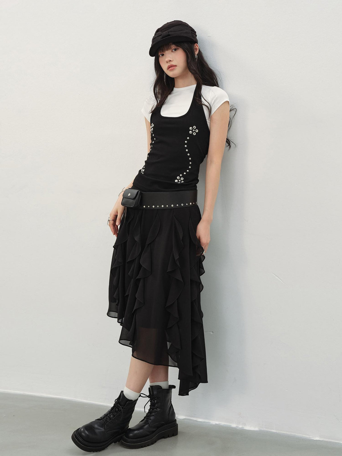 DDGIRL studio Fade Resistant Lined Asymmetrical High Waist Black Irregular Women Midi Skirts