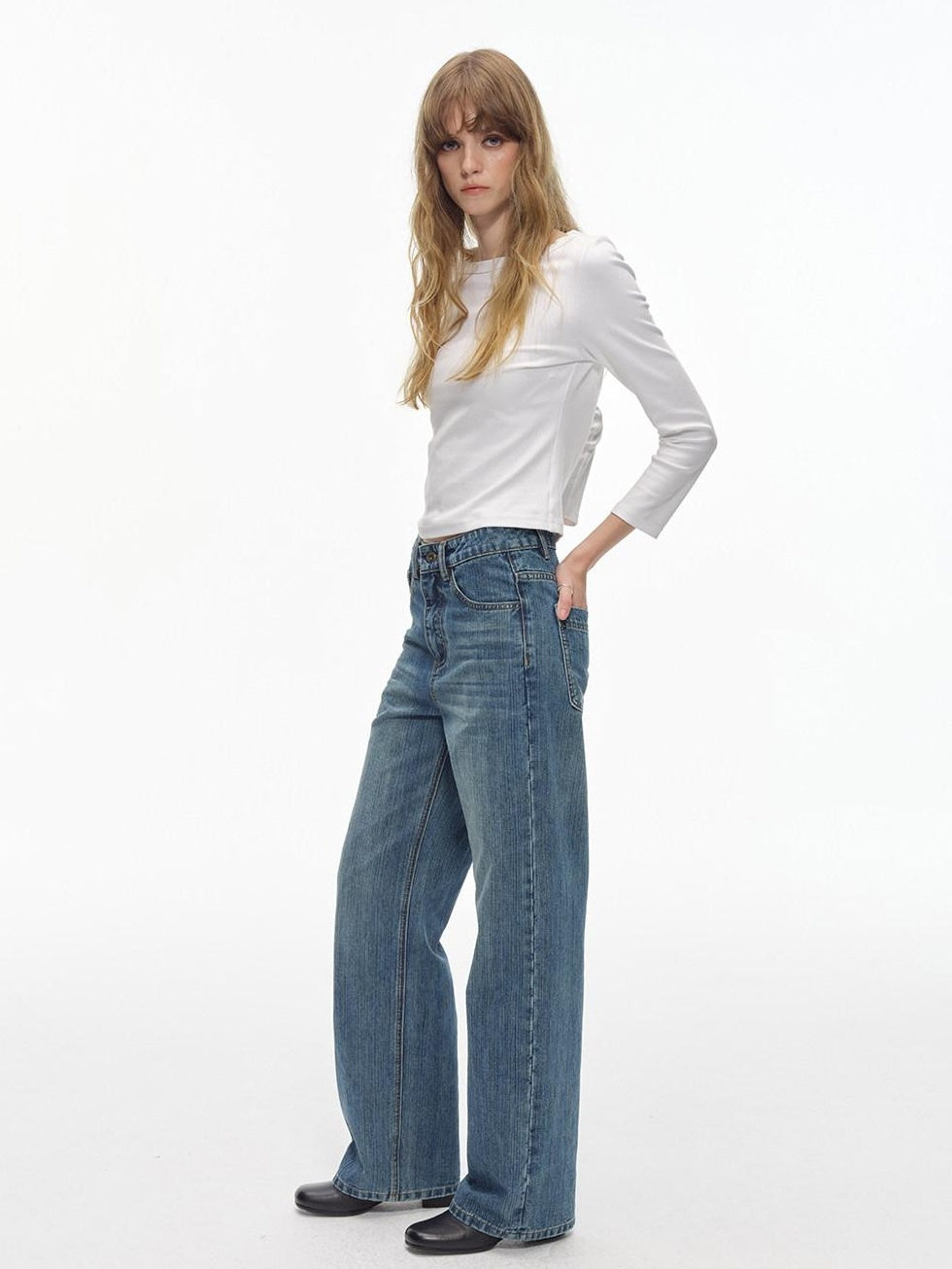 Country Moment Soft Washed Mid Rise Loose Micro Stretch Denim Cotton Blend Straight Leg Jeans