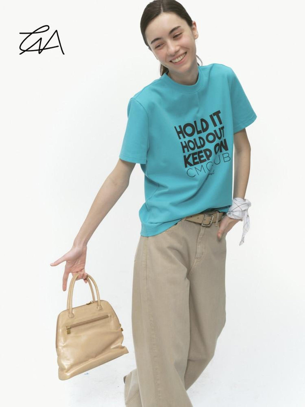 Country Moment Breathable Cotton Regular Fit Round Neck Letter Teal Short Sleeve T-Shirts
