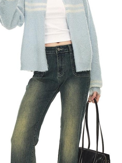 Country Moment Soft Wool Blend Light Blue Striped Relaxed Collar Women Breathable Cardigans