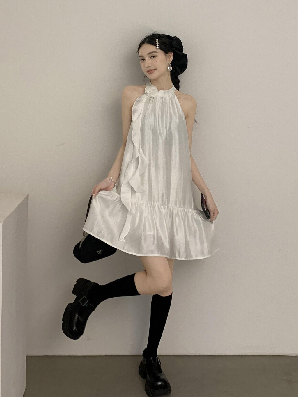 DDGIRL studio Soft Polyester Halter Aline Loose Commuter Party Back Zipper Mini Dresses