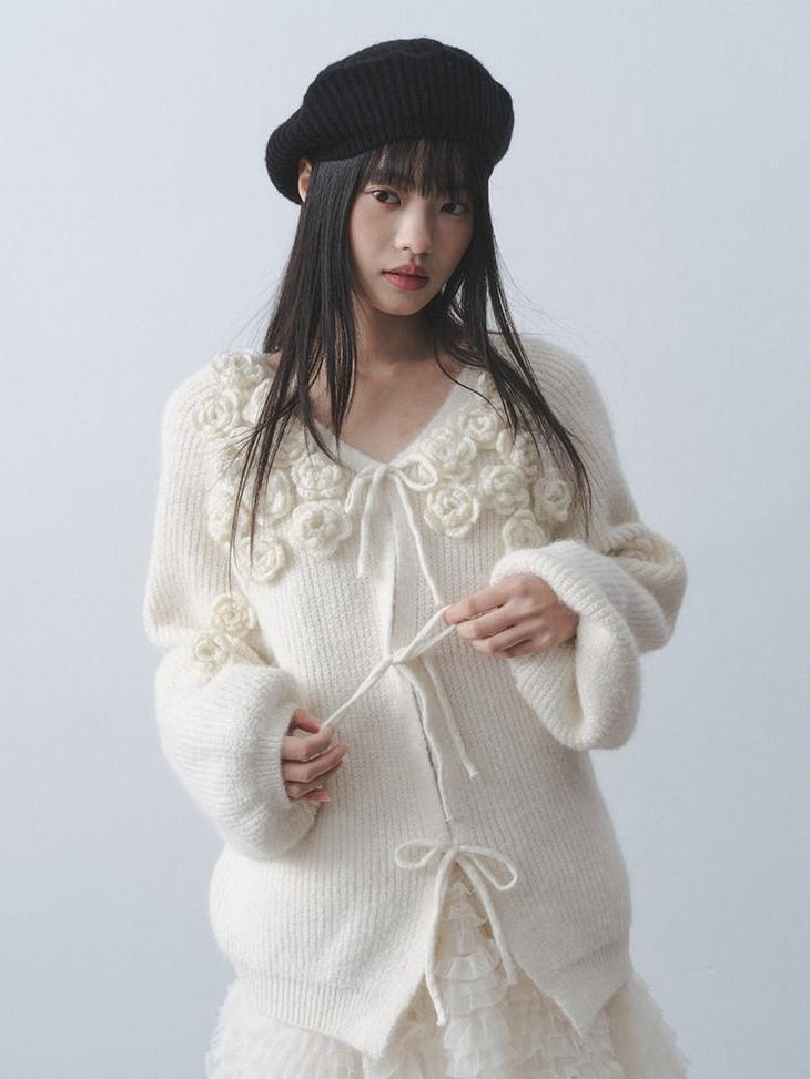 DDGIRL studio Soft Loose V-neck Tie Front Lantern Sleeve 3D Floral Commuter Knit Cardigans