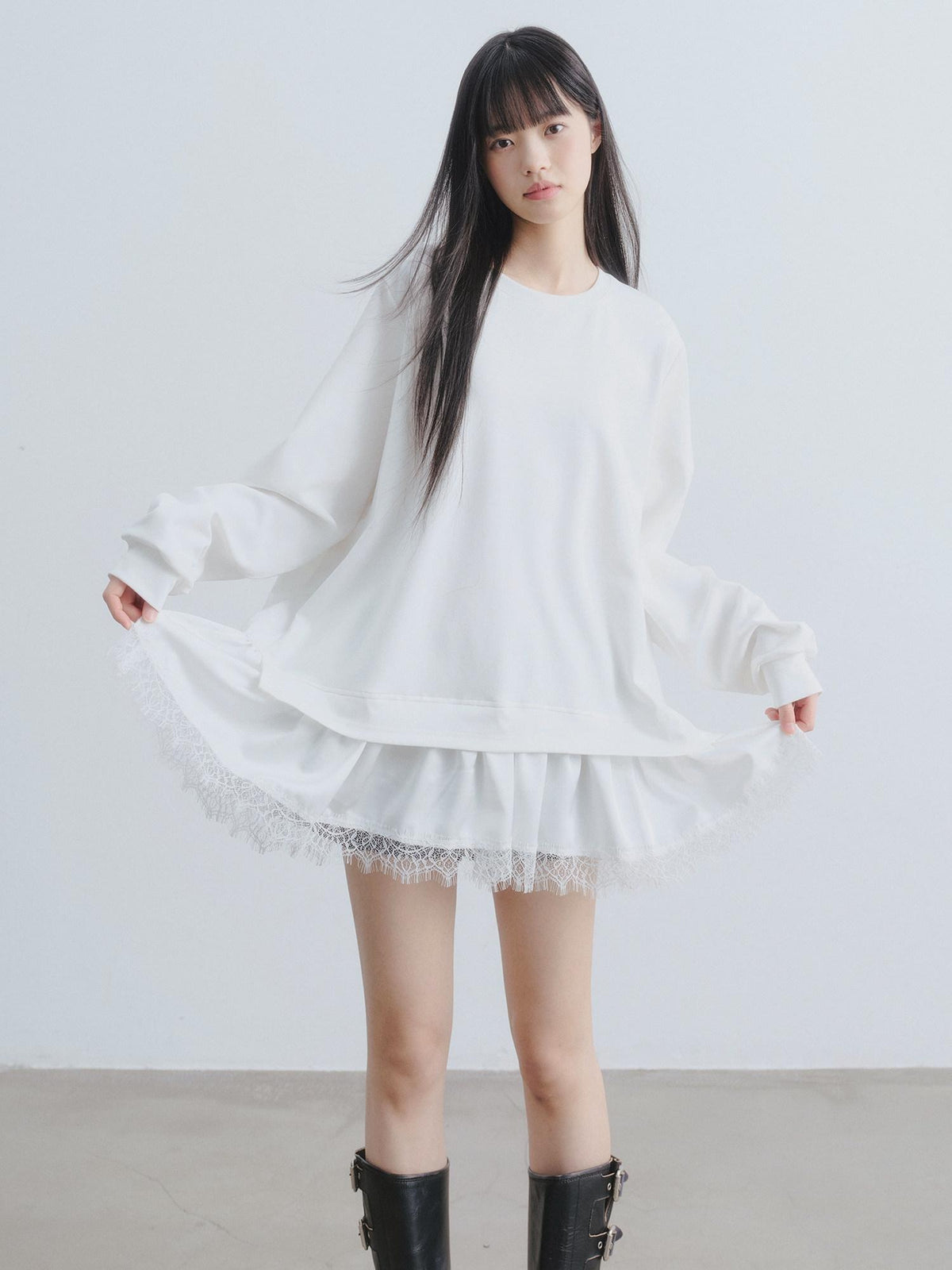 DDGIRL studio Soft Patchwork Loose Sweatshirt Girly Oversized Long Sleeve White Mini Dresses