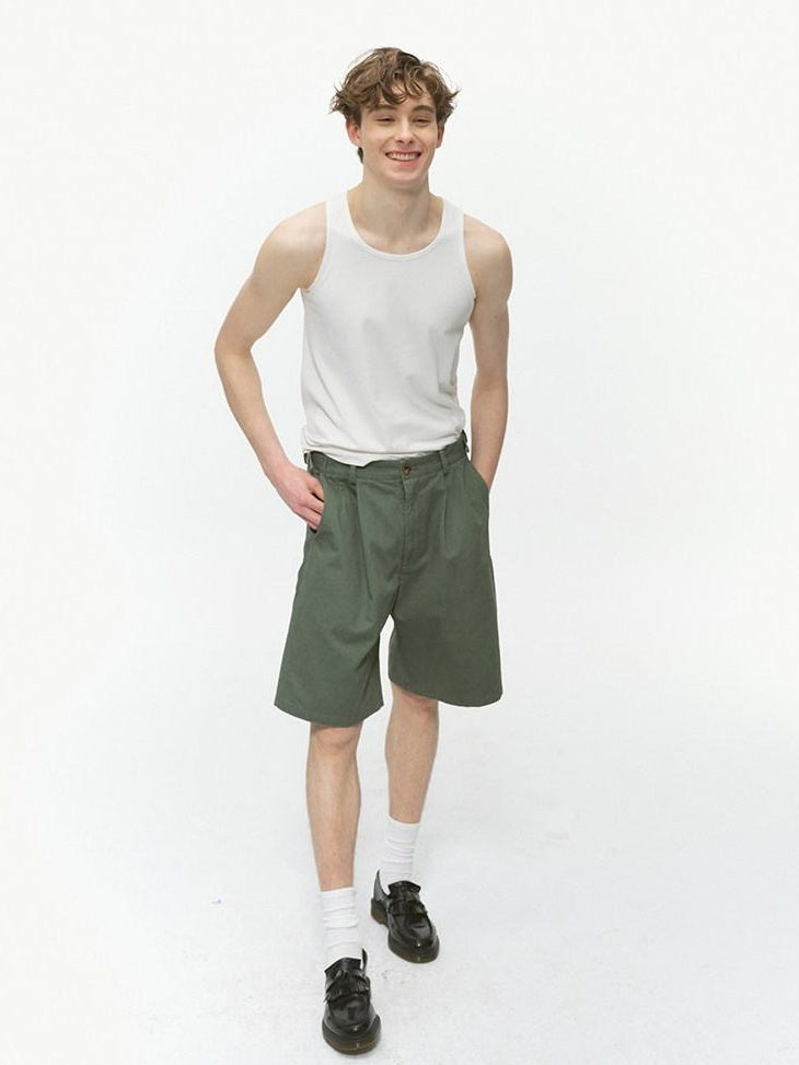 Country Moment Durable Cotton Loose Straight Zip Casual Khaki Navy Mid-Length Shorts