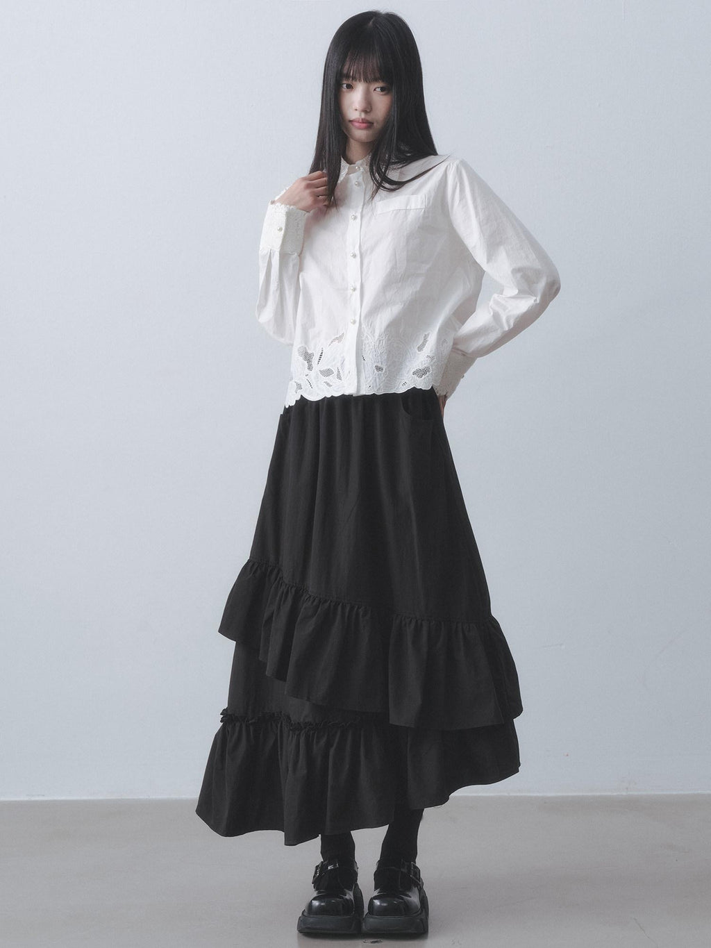 DDGIRL studio Skin Friendly Cotton Lace Embroidered Cropped Cardigan White Long Sleeve Shirts