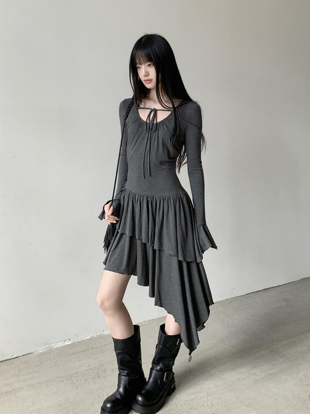 DDGIRL studio Soft Stretch Lyocell Asymmetric Cinched Waist U Neck Commuter Midi Dresses