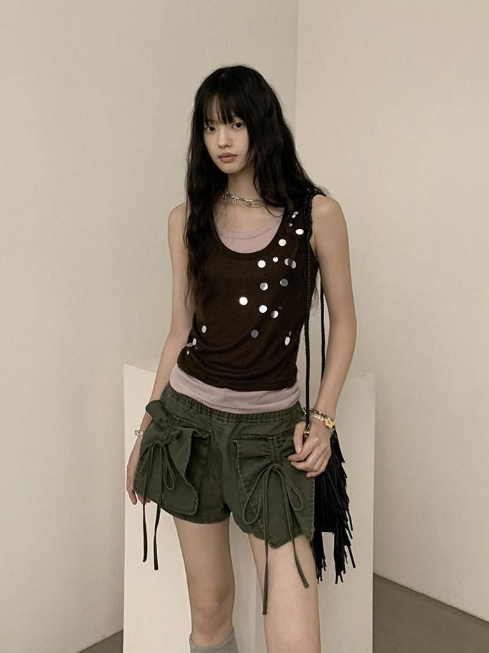 DDGIRL studio Stretch Cotton Knit Slim Camisole U Neck Sequin Women Office Top & Pants Sets