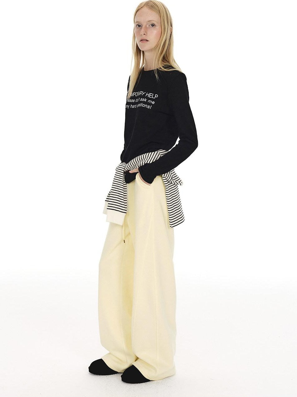 Country Moment Loose Wide Leg Drawstring Casual Unisex Cotton Blend Off White Straight Pants