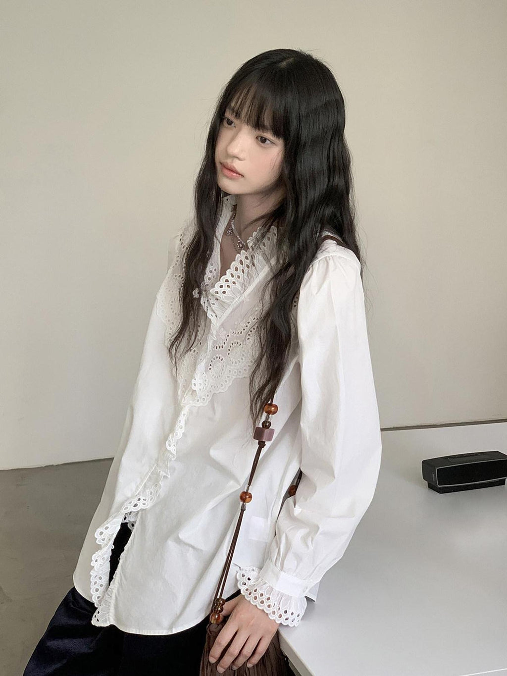 DDGIRL studio Cotton Ruffle Lace Loose V-neck Cardigan Office Casual Women Breathable Shirts