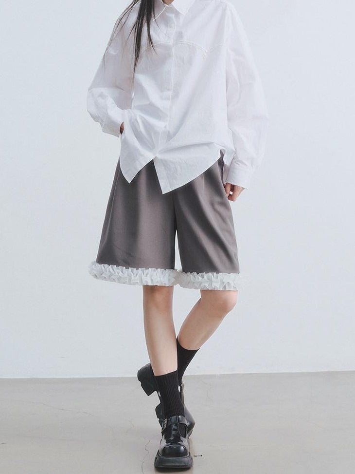 DDGIRL studio High Waist Wide Leg Workwear For Women Grey Polyester Stretch Mid-Length Shorts