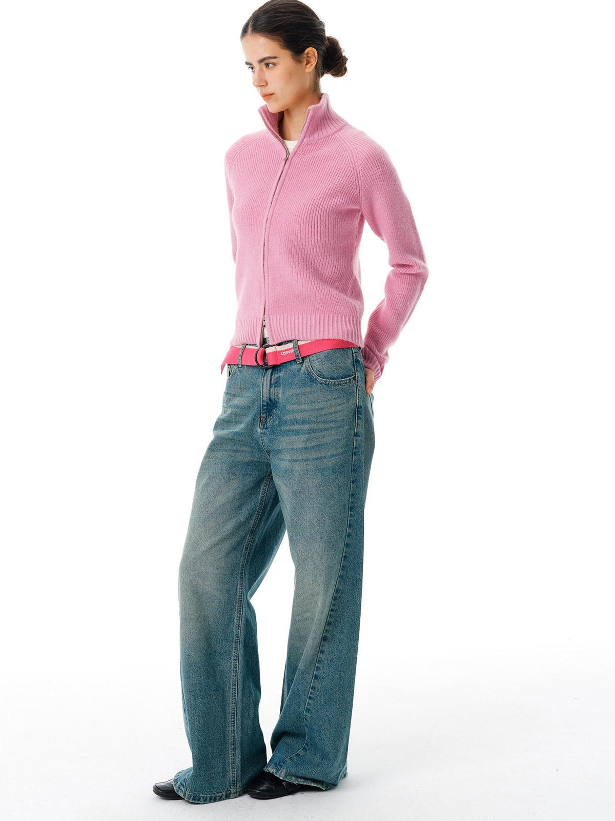 Country Moment Warm Zipper Stand Collar Slim Fit Cardigan Knit Women Rose Purple Sweaters